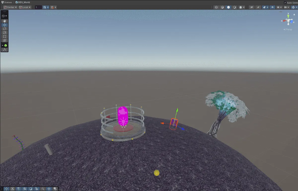 The first development planet taking shape in the Unity editor, with the extraction point beam and a lonely tree