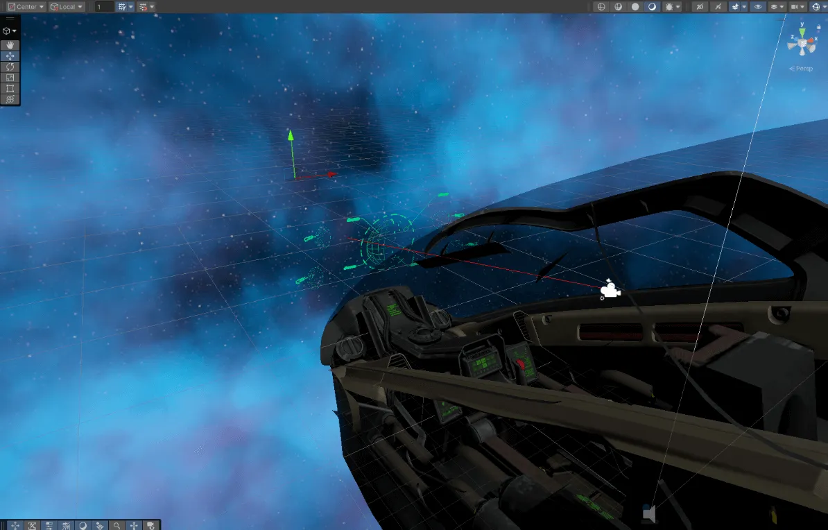 The spaceship hub scene coming together, with particle effects and the ship exterior floating in space