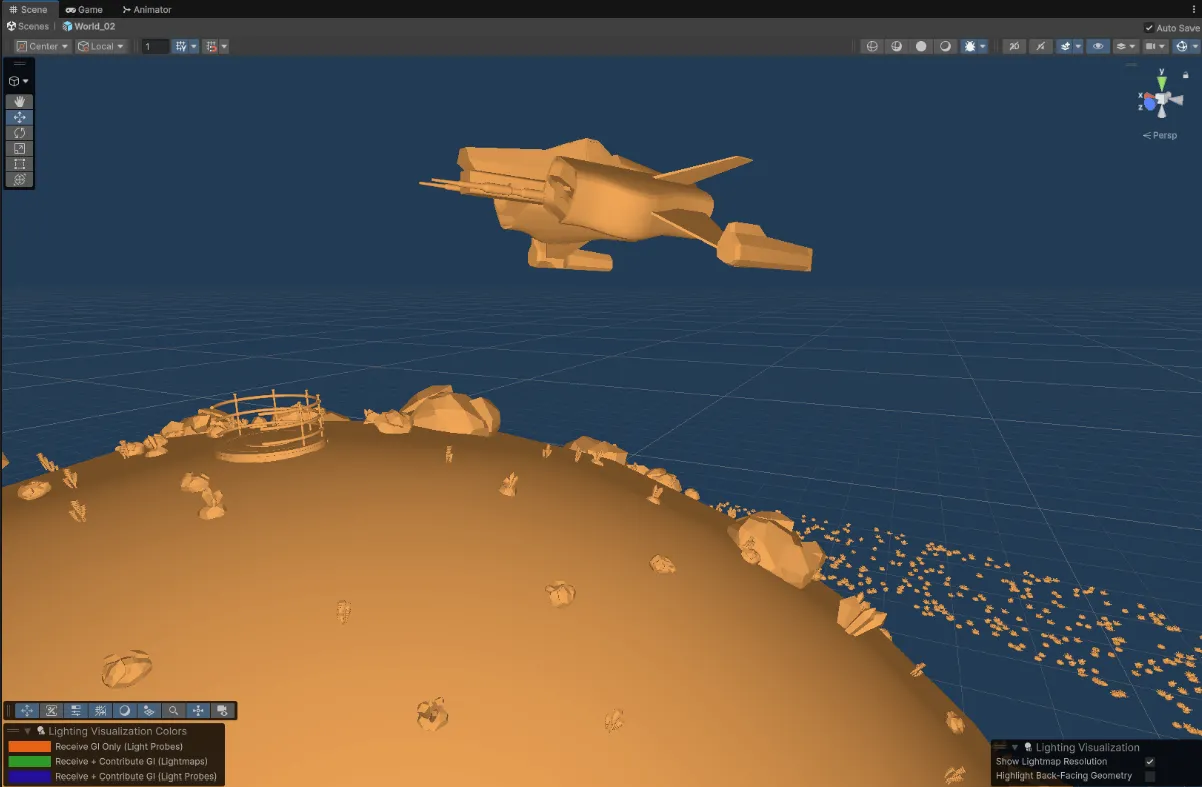 World 2 taking shape: lighting pass on the planet surface with vegetation distribution and the ship hovering above